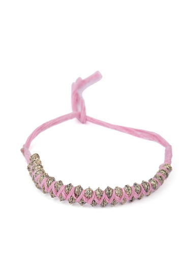 Set Of 2: Zaina Pink Thread & Antique Plated Brass Beaded Anklets